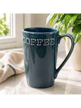 Primogero Embossed Ceramic Coffee Mug Blue 12 Oz Rustic Vintage-Inspired Design
